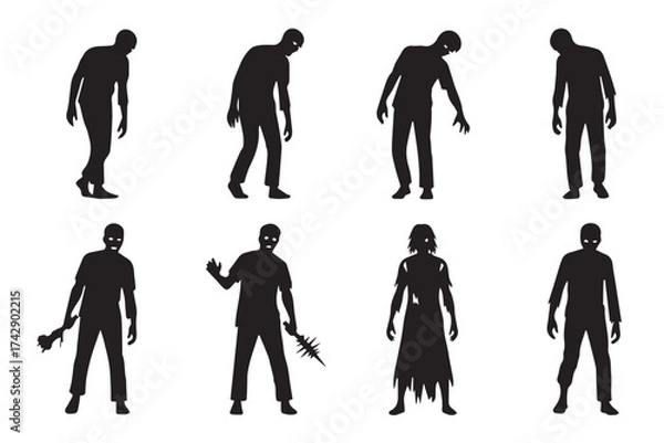 Fototapeta Silhouette collection of various zombie figures in different poses, isolated on transparent background