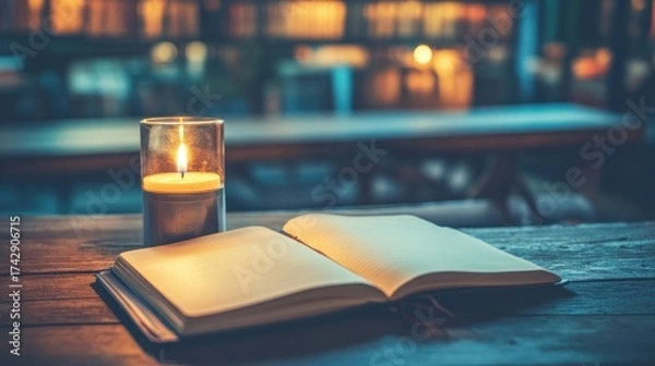 Fototapeta Cozy candlelight, open book on wooden table, library setting