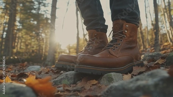 Fototapeta Leather boots on a rocky forest path.  Sunlight filtering through the trees