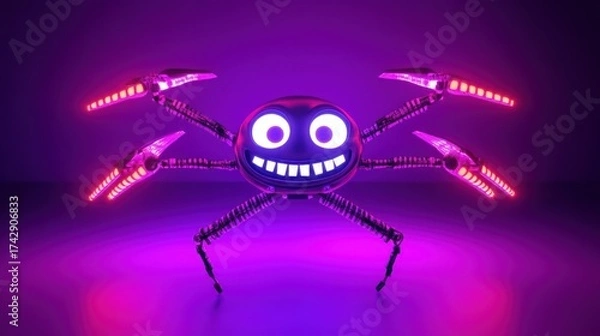 Fototapeta Metallic spider robot with glowing lights