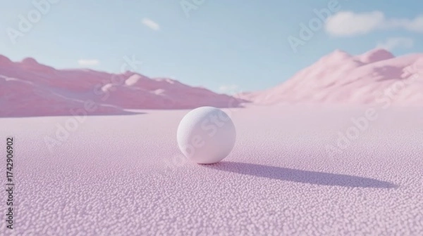 Fototapeta A single, pristine white sphere rests on a textured, light pink landscape, beneath a pastel sky with soft mountains