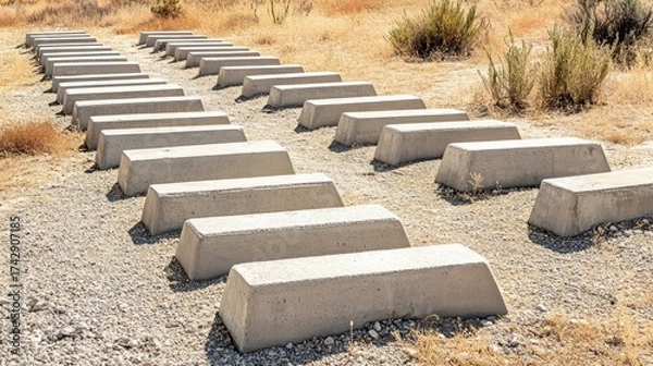 Fototapeta Rows of concrete benches in a dry, grassy field