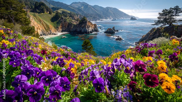 Fototapeta Vibrant coastal landscape with colorful blooming flowers and rugged cliffs by the ocean
