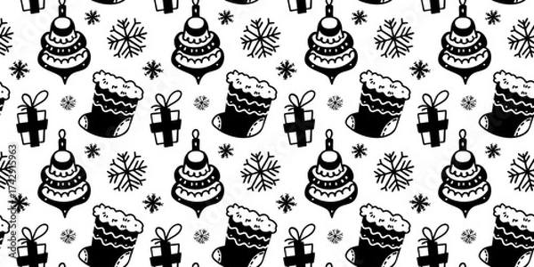 Fototapeta Seamless pattern with Christmas stockings and ornaments. Hand drawn doodle line art vector background. 