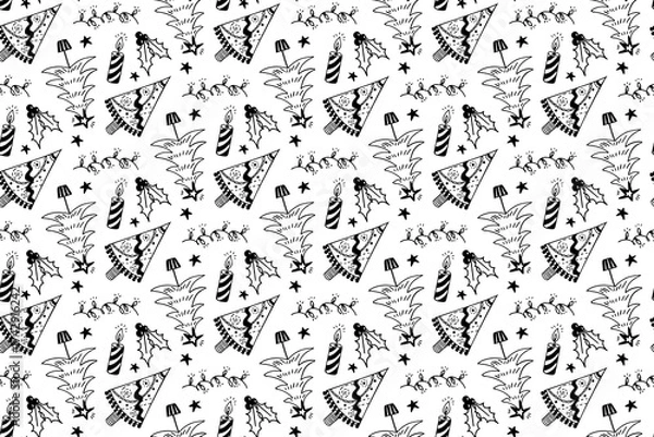 Fototapeta Seamless winter pattern with Christmas trees, candles and holly leaves. Hand drawn doodle vector background. 