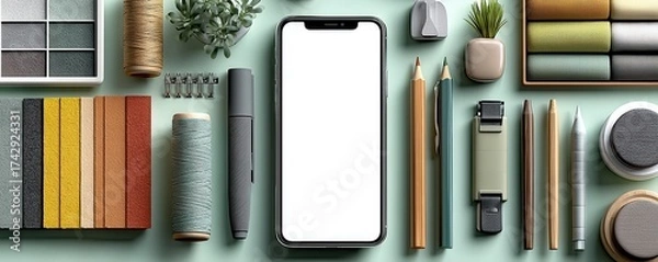 Obraz Blank smartphone surrounded by design materials on a flat surface