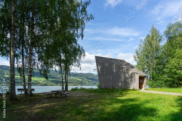 Fototapeta Bird Observation Tower Overlooking Norwegian Wilderness in Lillehammer
