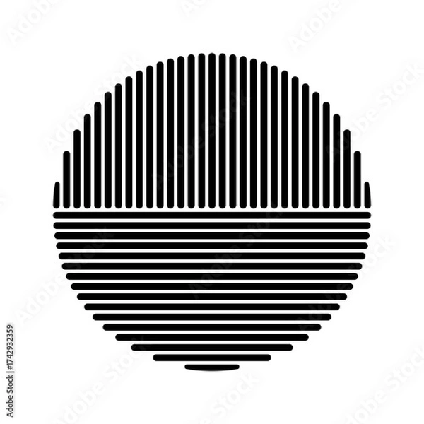 Fototapeta Black striped circle shape. Round streaky geometric form isolated on white background. Minimalistic design element. Sun or moon silhouette. Vector graphic illustration.