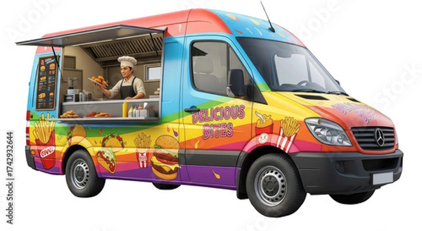 Obraz Vibrant food truck serving delicious meals with a chef preparing food inside and colorful graphics