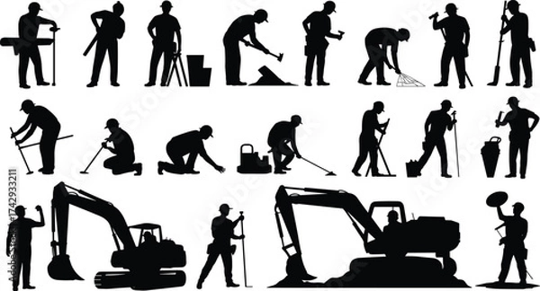 Fototapeta Construction workers, silhouettes, laborers, teamwork, digging, machinery, tools, building site, civil engineering, contractor, industry, workforce, job site