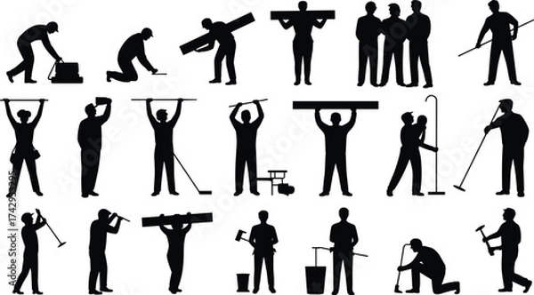 Fototapeta Construction workers, teamwork, silhouettes, builders, laborers, tools, teamwork, job, occupation, effort, industry, teamwork silhouettes, teamwork, craftsman