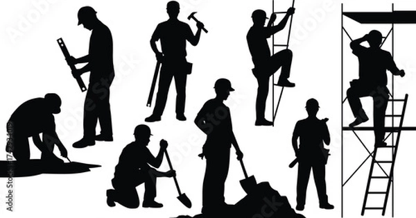 Fototapeta Construction workers silhouettes, building site laborers, teamwork and tools, scaffolding work, digging and measuring, manual labor, industry workforce