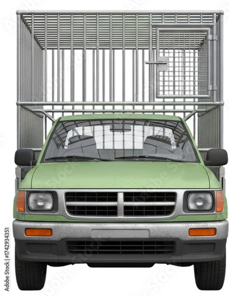 Obraz Green vehicle with a large metal cage on top, parked in an urban setting, showcasing unique transport