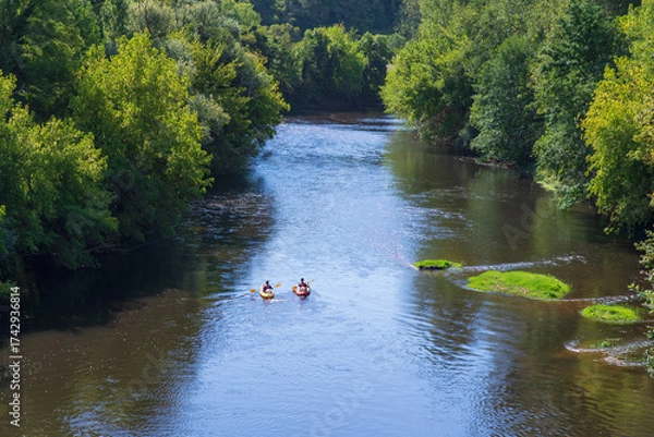 Fototapeta Two canoes and kayaks paddle along a river lined with forest