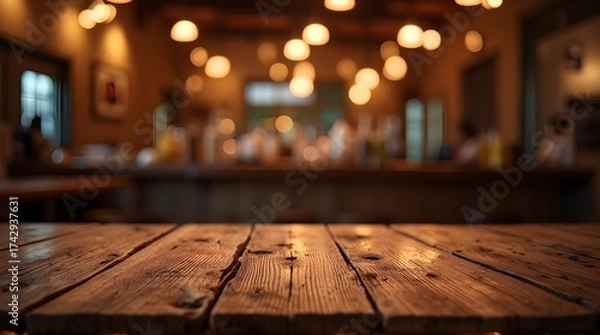 Obraz Rustic wooden table awaits your product display in this warm, inviting restaurant interior with soft lighting, perfect for food and beverage promotions