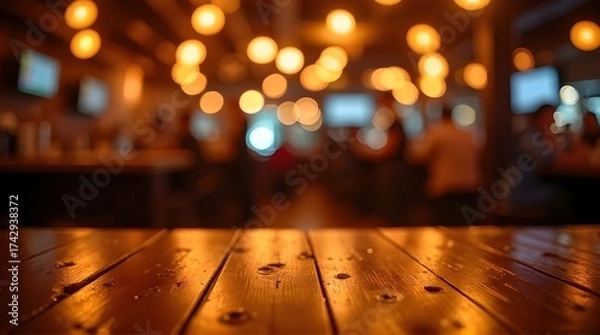 Obraz Warm, inviting wooden table foreground with blurred cozy bar ambiance and bokeh lights creating a perfect atmosphere for relaxation and socializing