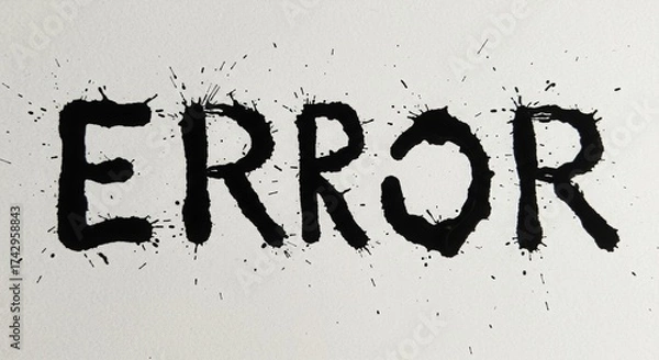 Fototapeta Spilled black ink forming the word “error” on white paper, symbolizing mistake, accident, or failure in a creative and artistic way.
