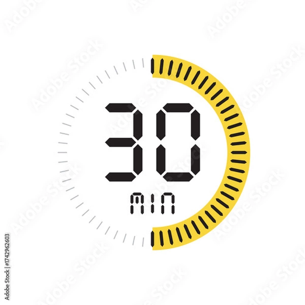 Fototapeta Yellow digital timer icon displaying 30 minutes, a half-hour
