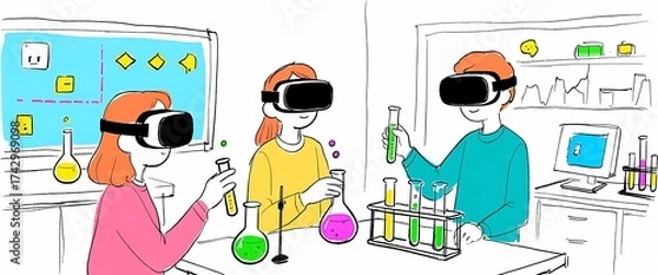 Fototapeta Cartoon Illustration of Students Wearing VR Headsets Conducting Science Experiments with Beakers and Test Tubes in a Lab