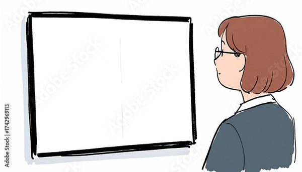 Fototapeta Illustration of a woman with glasses looking at a blank whiteboard, ideal for presentations and educational content