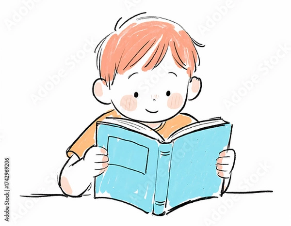 Fototapeta Illustration of a Young Boy Reading a Blue Book with Enthusiasm and Focus on Learning