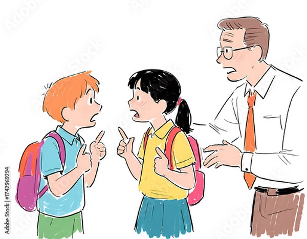 Fototapeta Illustration of a Teacher Intervening in a Dispute Between Two Students in a School Setting