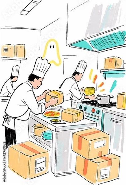 Fototapeta Illustration of Chefs Working in a Busy Restaurant Kitchen with a Ghostly Figure
