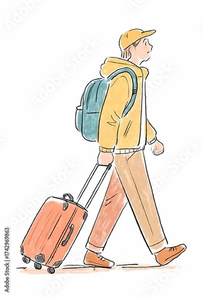 Fototapeta Illustration of a Young Man Traveling with Suitcase and Backpack, Walking with Purpose