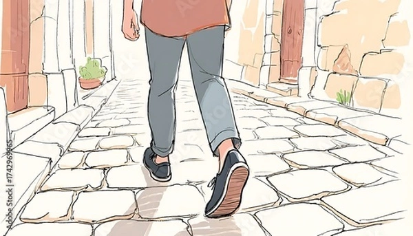 Fototapeta Illustration of a Person Walking on a Cobblestone Street with Stone Buildings and Columns in the Background