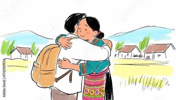 Fototapeta Illustration of a Warm Embrace Between a Woman and a Man with a Backpack in a Rural Setting