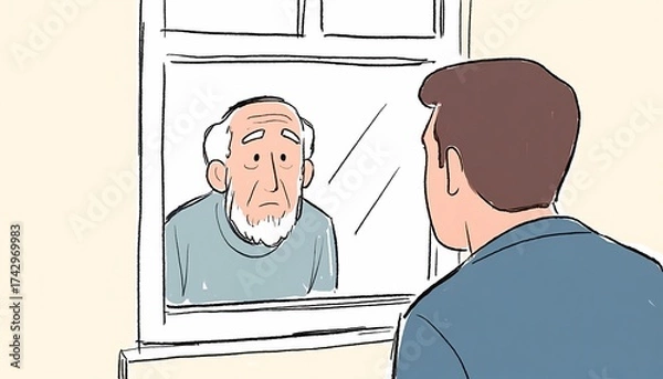 Fototapeta Illustration of a Young Man Visiting an Elderly Man Through a Window, Emphasizing Connection and Care