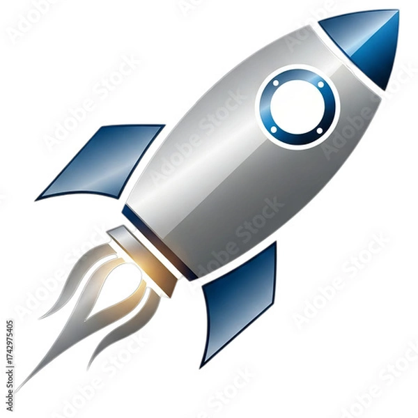 Obraz Cartoon rocket ship launching into a clear blue sky with a vibrant background of clouds