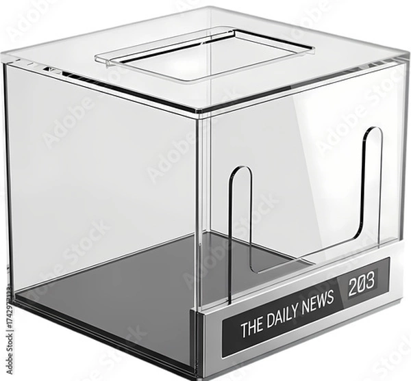 Obraz Transparent ballot box for voting, placed on a table in a public space with people discussing nearby