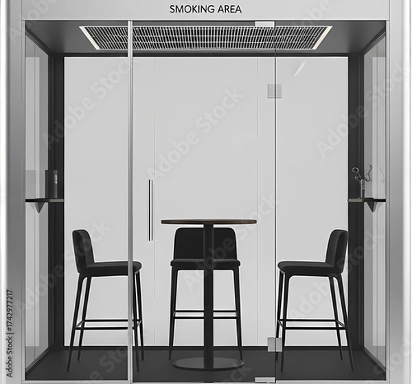 Obraz Modern smoking area with sleek design, black chairs, and minimalist table, set in a contemporary environment