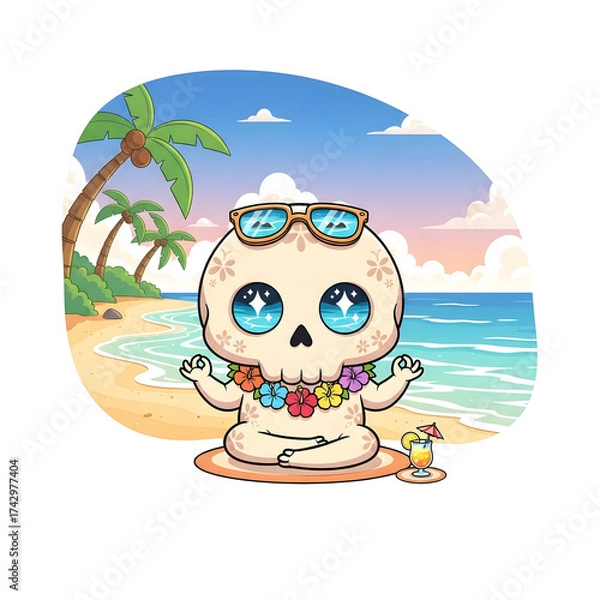 Fototapeta A pixel-art skeleton wearing sunglasses and a lei finds inner peace meditating on a sandy beach, with palm trees and a calm ocean under a sunset sky.