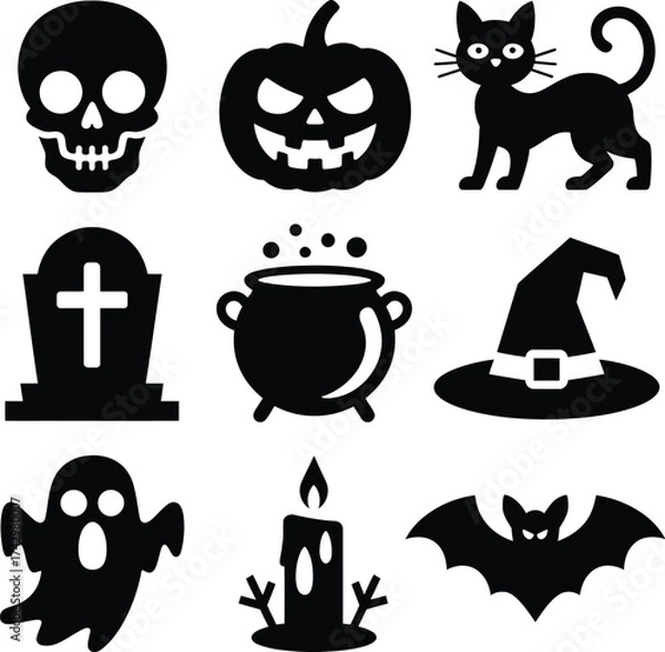Obraz Halloween icons skull pumpkin cat tombstone cauldron witch hat ghost candle bat