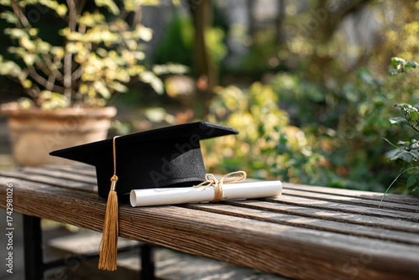 Fototapeta A graduation cap resting on a wooden bench, symbolizing academic success with a soft background. wellbeing guides.