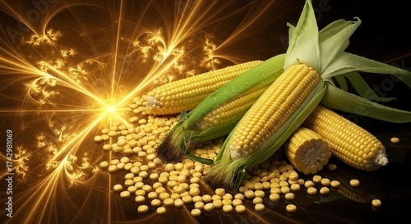 Obraz Still life of corn with abstract golden light and scattered kernels