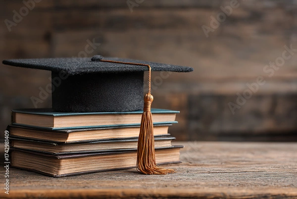 Fototapeta A graduation cap resting on a wooden bench, symbolizing academic success with a soft background. wellbeing guides.