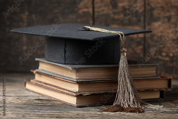 Fototapeta A graduation cap resting on a wooden bench, symbolizing academic success with a soft background. wellbeing guides.