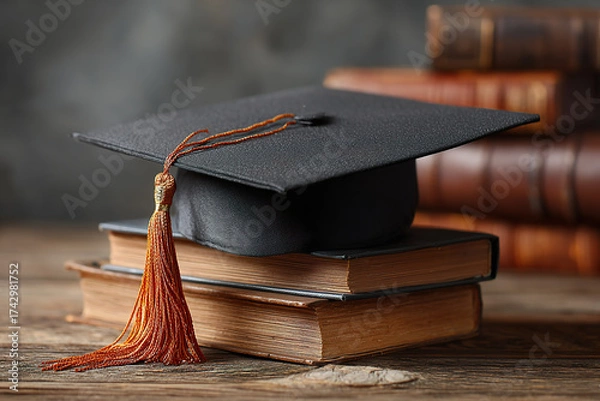 Fototapeta A graduation cap resting on a wooden bench, symbolizing academic success with a soft background. wellbeing guides.