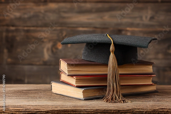 Fototapeta A graduation cap resting on a wooden bench, symbolizing academic success with a soft background. wellbeing guides.