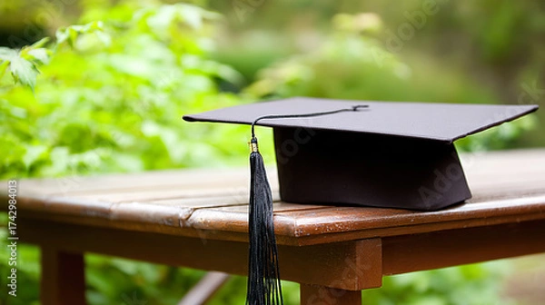 Fototapeta A graduation cap resting on a wooden bench, symbolizing academic success with a soft background. wellbeing guides.