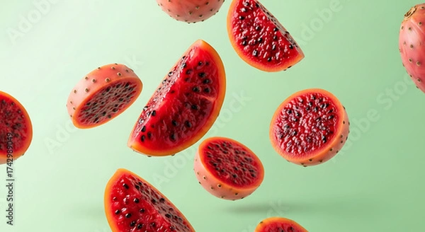 Fototapeta Vibrant sliced and whole prickly pears floating on a green background.