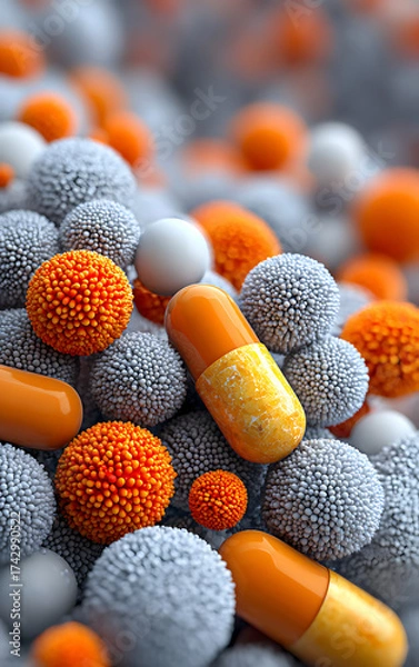 Fototapeta Colorful Capsules Surrounded by Detailed Microorganisms on a Textured Surface, Highlighting the Microscopic World