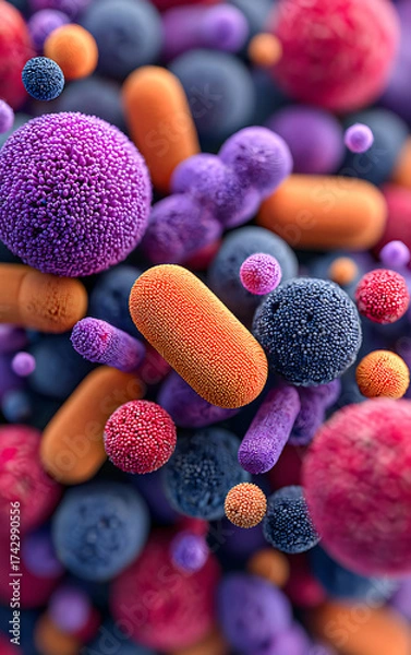Fototapeta Colorful Close-Up of Various Bacteria and Microorganisms in a Scientific Setting Showcasing Diverse Shapes and Sizes