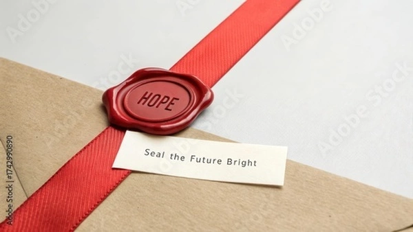 Obraz A red wax seal pressed into a ribbon shape with the word HOPE