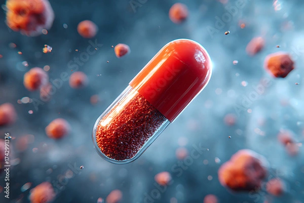 Fototapeta Bright Red Capsule Floating in a Cloud of Microscopic Particles Against a Dark Background