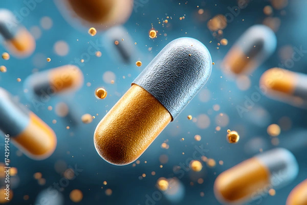 Fototapeta Colorful Capsules Floating in a Dynamic Blue Background Showcasing Modern Pharmaceutical Design