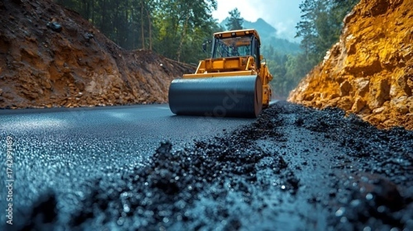 Fototapeta Road construction A yellow asphalt roller compacts fresh asphalt on a new road cut through a forest.